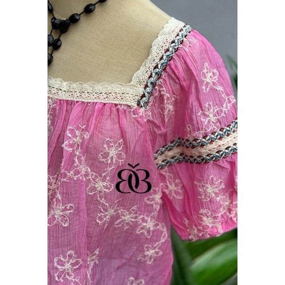 POL Pink Floral Embroidered Square Neck Chiffon Top Oversized - Picture 4 of 10